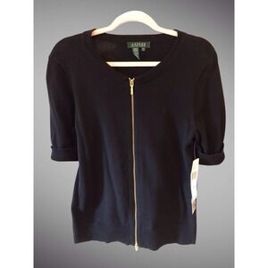 NWT Lauren Ralph Lauren Black Zippered Cardigan Cotton Sweater Short Sleeve SZ S
